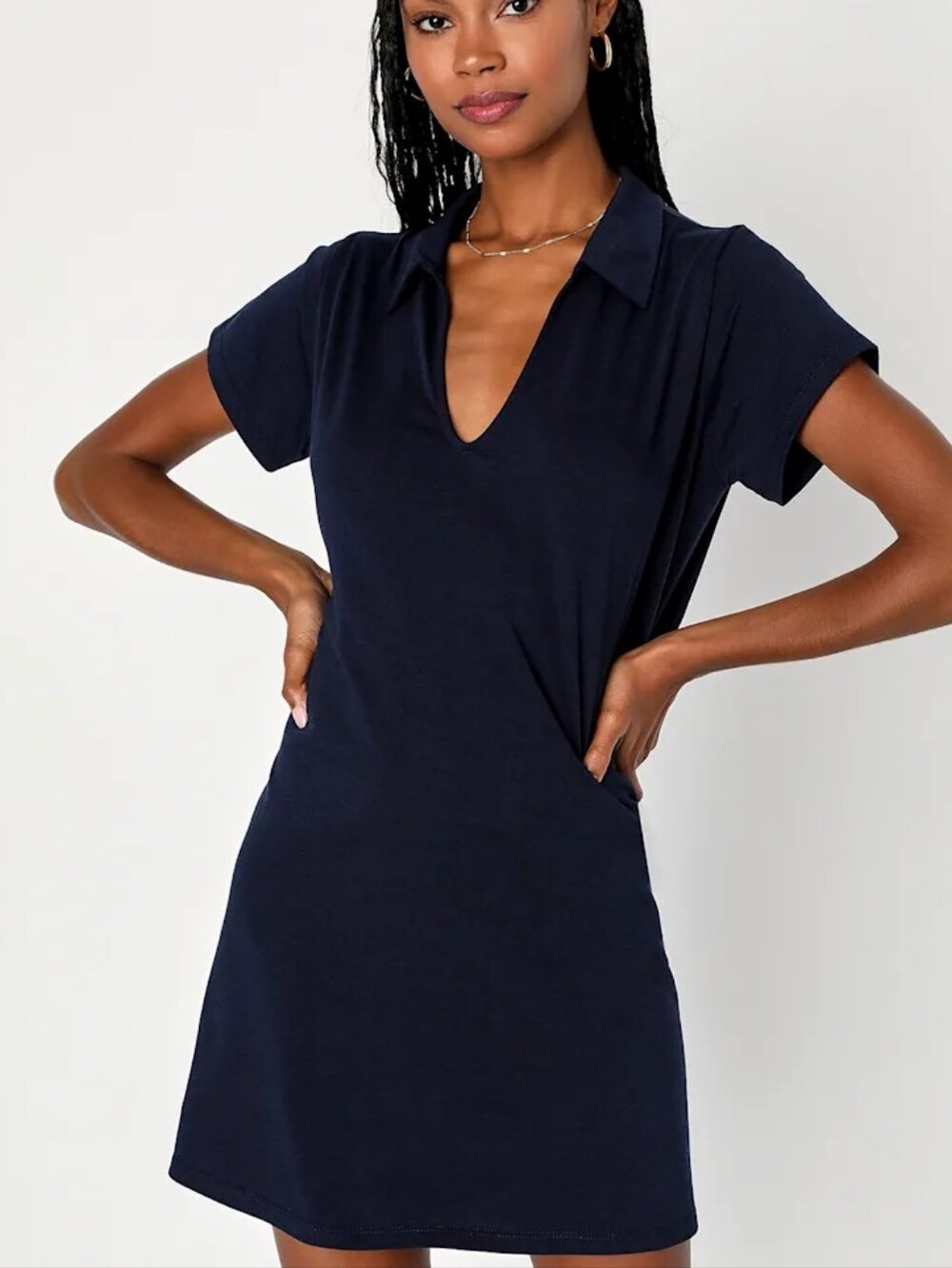 T8. Lulus “Simple Luck” Navy Blue Collared Mini Dress — Medium